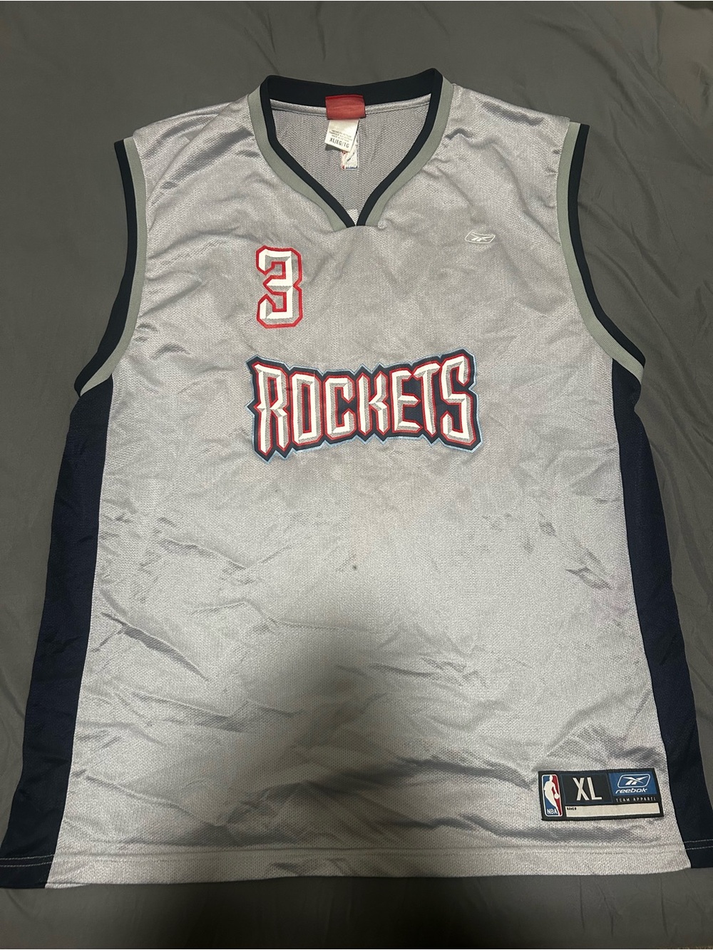 Reebok Gray and Navy Rockets Basketball Jersey with Red Accents